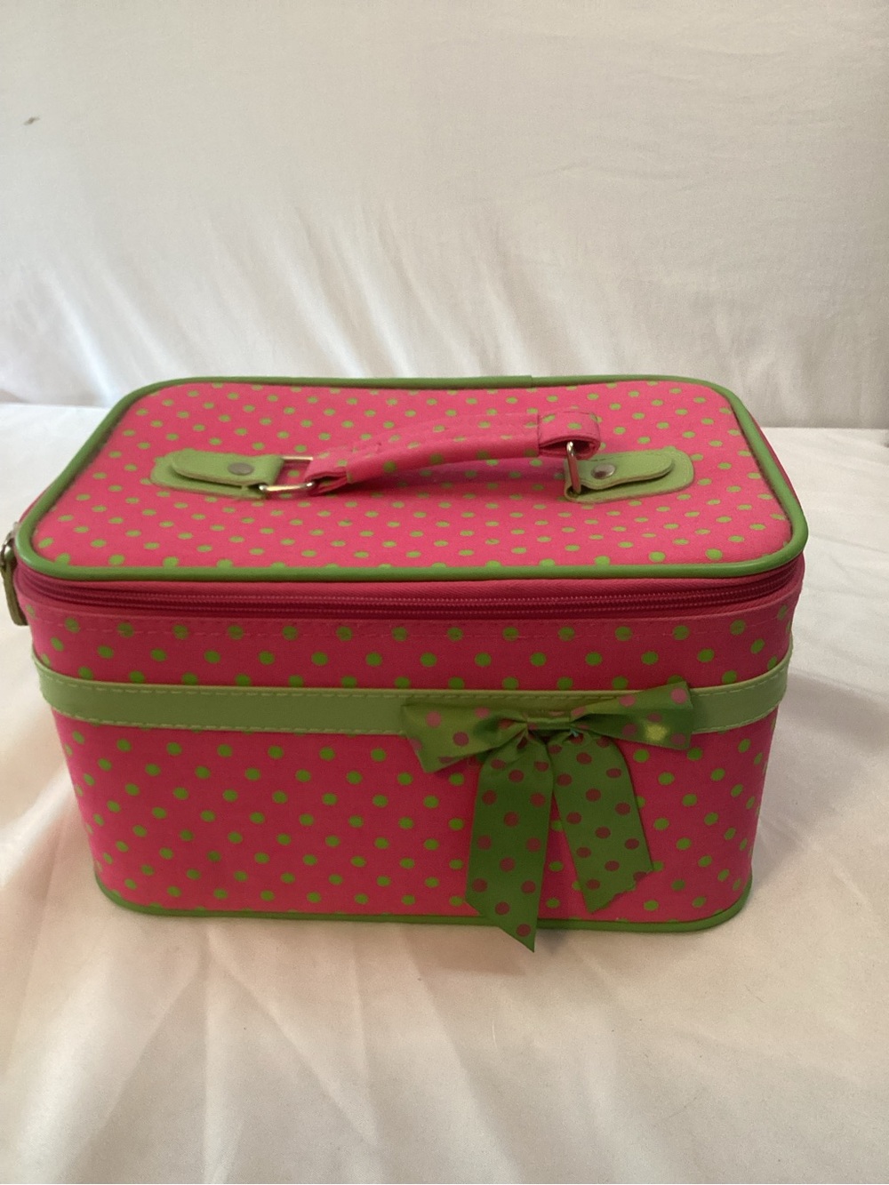 Vintage- inspired Pink and Green Polka Dot Train Case w/ Shoulder & Handle